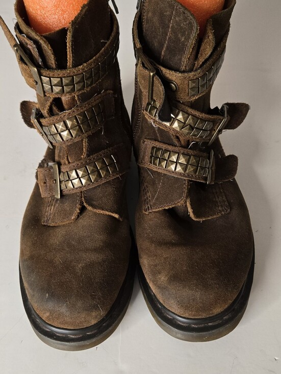 Dr. Martens Shoes - Dr. Martens Brown Suede Studded Triple-Buckle Ankle Boots Size 9